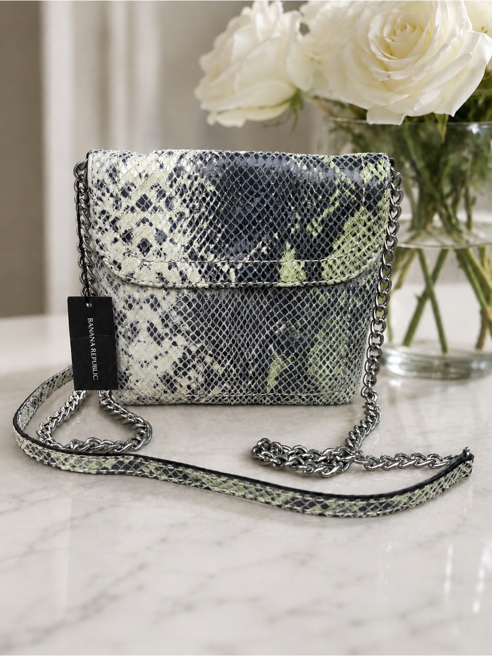 Banana Republic Black and Green Snake-Print Crossbody Bag